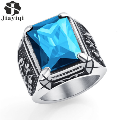 Jiayiqi Vintage CZ piedra hombres anillos estilo Punk 316L anillo de acero inoxidable para hombres joyería de alta calidad para hombres anillo con cristal ► Foto 1/6