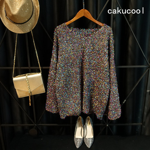 Cakucool oro lurex punto Tops mujeres largo Flare manga v-cuello otoño jumpers plata peludo suelta knit pulloer Jersey suéter mujeres ► Foto 1/1