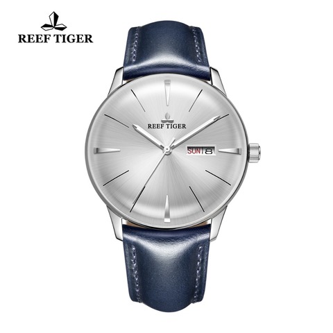 Reef Tiger/RT-reloj de vestir para hombre, correa de cuero azul, lente convexa, esfera blanca, automático, RGA8238, nuevo ► Foto 1/1