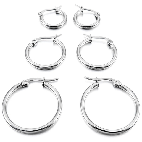 3 pares 15mm 20mm 25mm Acero inoxidable aro Huggies pendientes Set mujer plata ► Foto 1/5