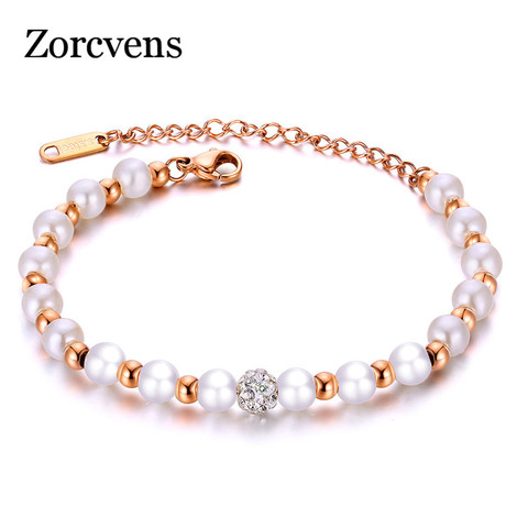 ZORCVENS, pulseras y brazaletes de bolas con encanto de circón, Color oro rosa, acero inoxidable, Perla simulada, joyería de boda para mujeres ► Foto 1/1