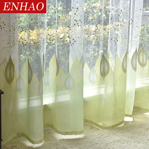 ENHAO elegante moderno tul cortinas para la sala, dormitorio y cocina de hoja verde cortinas para ventana de cortinas ► Foto 1/6