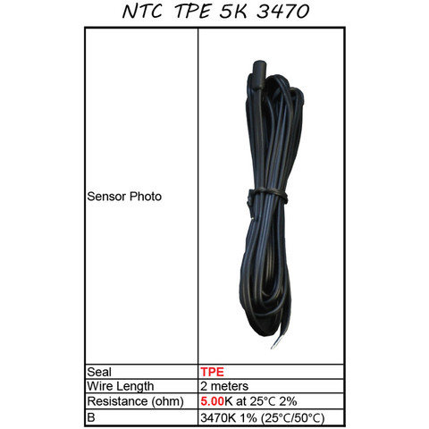 Sensor de temperatura NTC, TPE sellado, 5,00 K ohm a 25C, B = 3470K (25C/50C), 2 metros de longitud de cable, Lilytech ► Foto 1/1