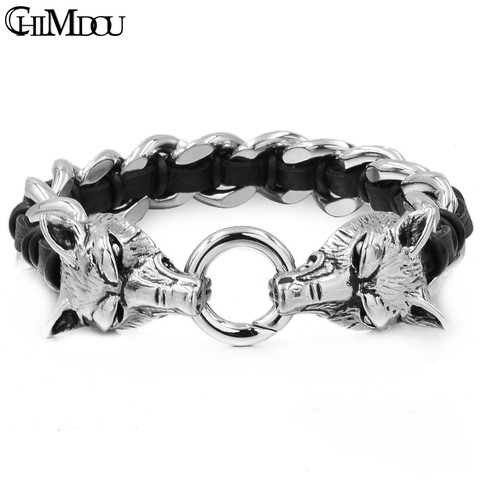 Pulsera con cabeza de Lobo doble para hombre, joyería Punk Rock, pulsera de acero inoxidable 316L, cadena cubana de cuero, regalo, novedad de 2022 ► Foto 1/5