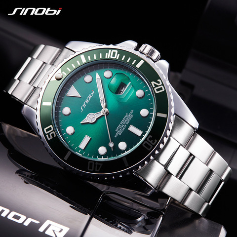 Reloj de cuarzo de marca SINOBI para hombre, cronógrafo de acero inoxidable GMT, deportivo, con bisel giratorio, color verde, nuevo ► Foto 1/1