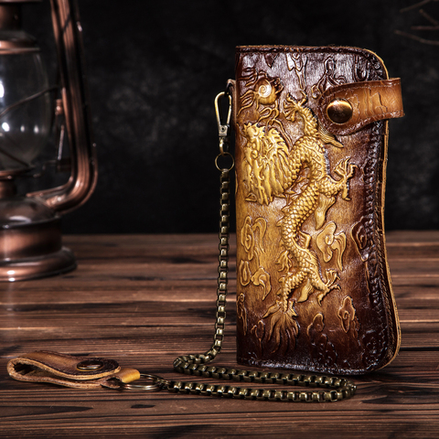 Dargon Tiger-cartera de piel auténtica para hombre, bolso de mano con diseño de Dargon Tiger en relieve, a la moda, organizador de cadena de hierro, 1088 ► Foto 1/6