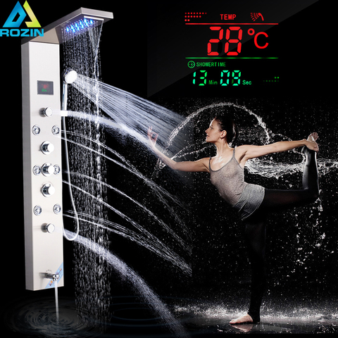 De Lujo LED columna de ducha grifo níquel cepillado SPA masaje ducha Jet Panel Torre grifo de temperatura Digital pantalla grifo del baño ► Foto 1/6