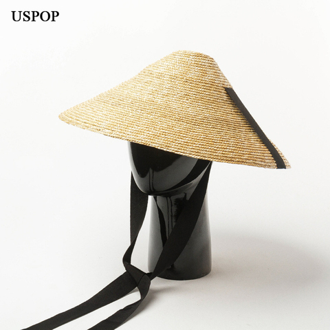 USPOP-sombrero de paja cónico para mujer, sombrero de paja de trigo de ala ancha, sombrero de playa de paja con cordones ► Foto 1/6