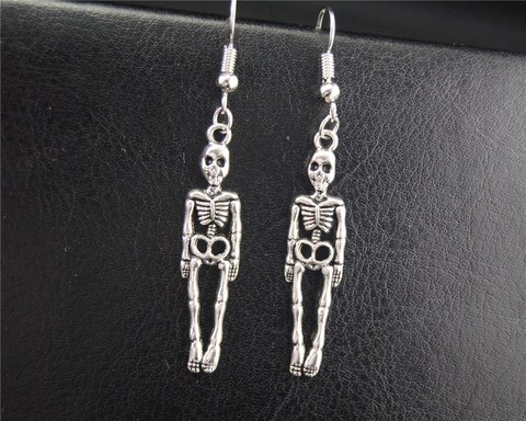 Pendientes colgantes de esqueleto de plata tibetana para Halloween, bisutería hecha a mano, 1 par (2 uds.), E582, E583 ► Foto 1/4