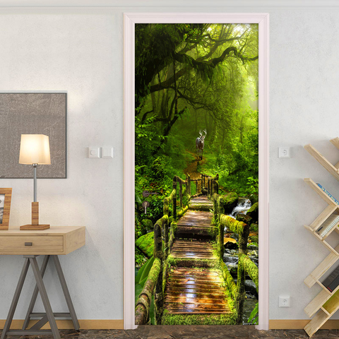 Pegatina de puerta de bosque, Mural de pared, papel tapiz de foto 3D para sala de estar, pegatinas de puerta de PVC, papel tapiz de puerta de vinilo, decoración del hogar 3D ► Foto 1/6