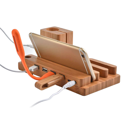 Estación de carga rápida para Apple Watch, soporte de madera de bambú para iPhone, iPad, iPod, Samsung y Xiaomi, 4 USB ► Foto 1/6