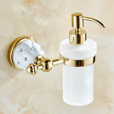 Dispensador de jabón líquido con contenedor de vidrio de latón dorado, soporte de pared de lujo, accesorios para productos de baño ► Foto 1/6
