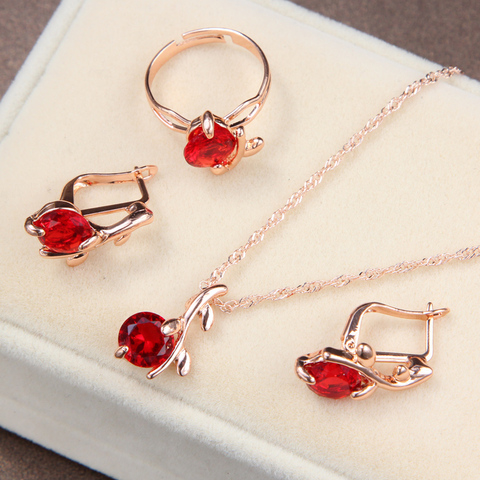 Conjunto de joyas de boda para mujer, juego de collares colgantes redondos de cristal rojo, joyas de circonita brillante, joyería femenina ► Foto 1/6