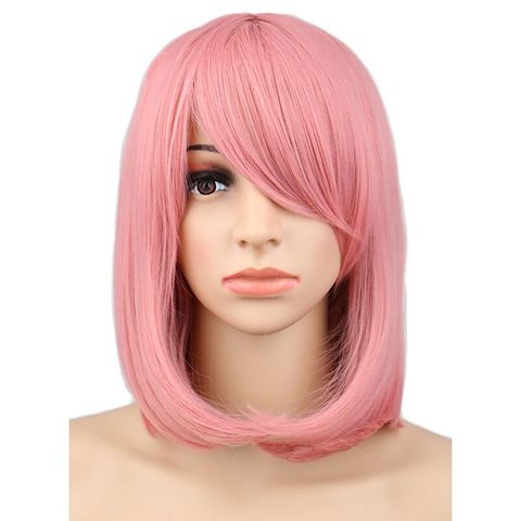 QQXCAIW pelucas de pelo sintético Rosa 40 Cm para fiesta de disfraces de Cosplay recto Bob corto para mujer ► Foto 1/3
