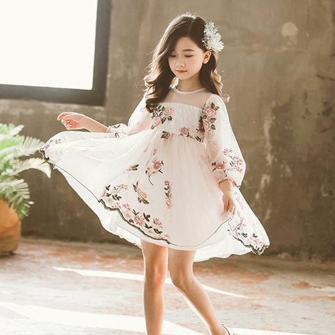 Vestidos de princesa para niñas, ropa de manga larga, bordado de flores, disfraz de fiesta de cumpleaños y boda, atuendos para niños ► Foto 1/5