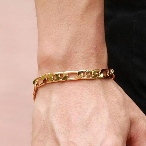 Pulsera masculina, joyería, pulsera chapada en oro para hombre, cadena de bordillo, eslabones de acero inoxidable, pulsera de moda, regalos de decoración ► Foto 1/6