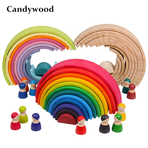 Apilador de arcoíris grande para bebé, juguetes de madera para niños, bloques de construcción creativos de arcoíris juguete educativo Montessori niños ► Foto 1/6