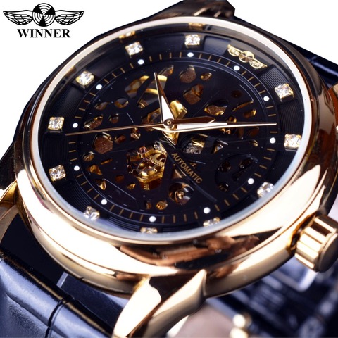 Winner Royal-reloj mecánico de diseño de diamante para hombre, cronógrafo de Oro Negro, de marca superior de lujo, con esqueleto ► Foto 1/6