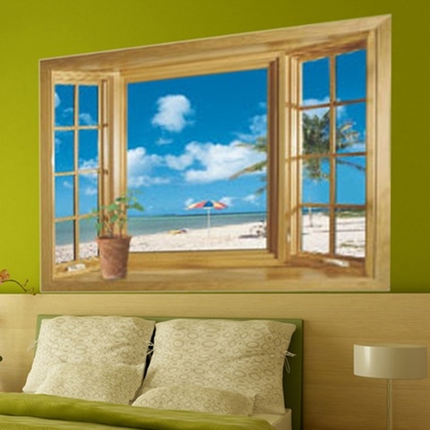 Ventana 3D imprimir Vista a la playa Paisaje del mar pared pegatinas calcomanías arte Mural de la pared Decoración Para sala de estar ► Foto 1/6