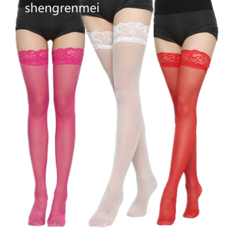 Shengrenmei-medias antideslizantes de encaje elástico para mujer, medias altas hasta el muslo transparentes, blancas y rojas ► Foto 1/6