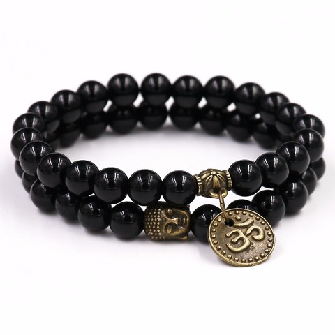 Pulseras de piedra Natural con colgante para hombre y mujer, 2 uds., 8MM, negro Onyxl, joyería, regalo, hebra de Buda ► Foto 1/6