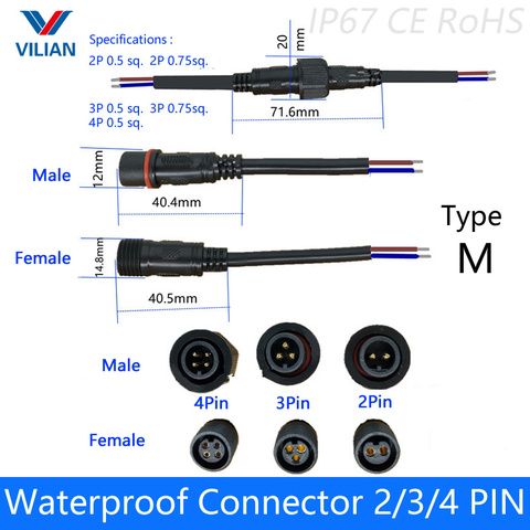 5 pares conector resistente al agua corriente 4A/6A 2 pin/3 pin/4 pin con cable IP67 hembra a macho plug 0,5/0,75 (mm2) ► Foto 1/5