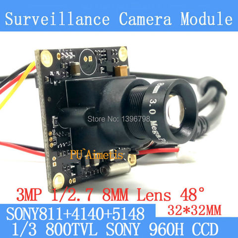 32*32mm Mini cámara de vigilancia 800TVL 1/3 Effio CCD Sony 811 + 4140 + 5148 CCTV Cámara módulo 3MP + 8mm lente + BNC/OSDCable ► Foto 1/6