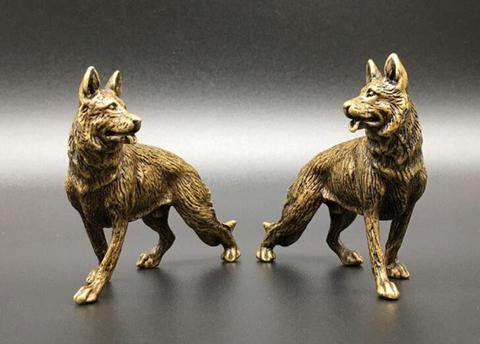 Estatua pequeña de perro lobo de latón puro, un par, China ► Foto 1/5