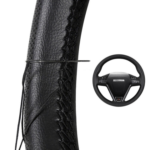 Protector para volante de coche de fibra suave, cuero trenzado, con agujas y cable, accesorios interiores ► Foto 1/6