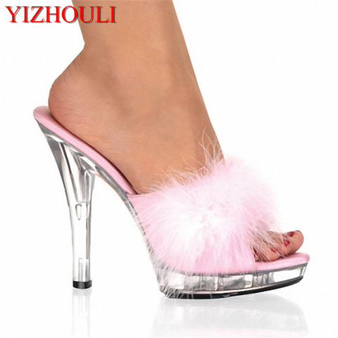 Zapatos de tacón alto de 13CM para mujer, zapatos de Stripper regordetes de cristal con plumas, sandalias sexys de plataforma ► Foto 1/6