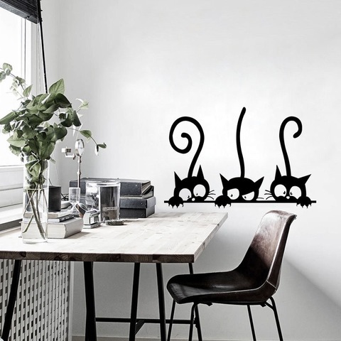 Adorables calcomanías de pared de vinilo para decoración de habitación de animales con tres gatos negros ► Foto 1/6