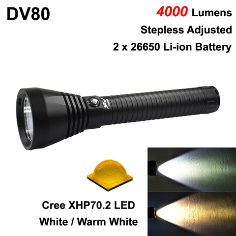 Linterna LED de buceo DV80 Cree XHP70.2, 4000 lúmenes, ajustable sin escalonamiento (2x26650) ► Foto 1/6