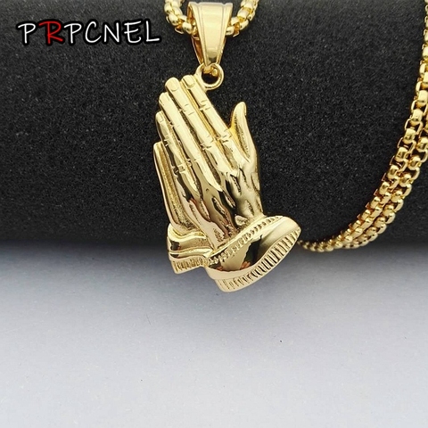 Colgante de acero inoxidable con diseño de manos para hombre, Gargantilla, Color dorado, collar de Jesús de oración, estilo Hip Hop ► Foto 1/6