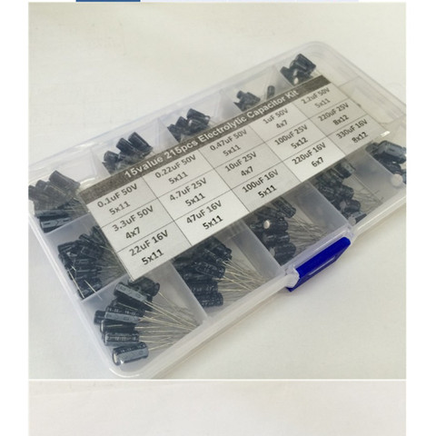 215 unids/lote 15 valores Kit de surtido de condensadores electrolíticos 0,1 uf ~ 330uf 16V 25V 50V 4X7MM 5X11MM 8x12mm ► Foto 1/1