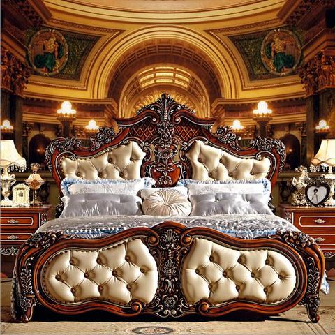 Cama de madera sólida europea moderna tallada a la moda 1,8 m cama muebles de dormitorio francés 6592 ► Foto 1/3