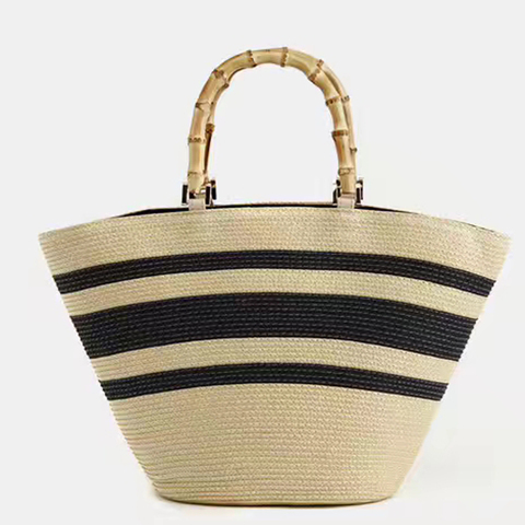 Bolso de moda informal para mujer, bolso de mano de paja a rayas de color a juego, con asa de bambú, tejido de hierba PP ► Foto 1/6