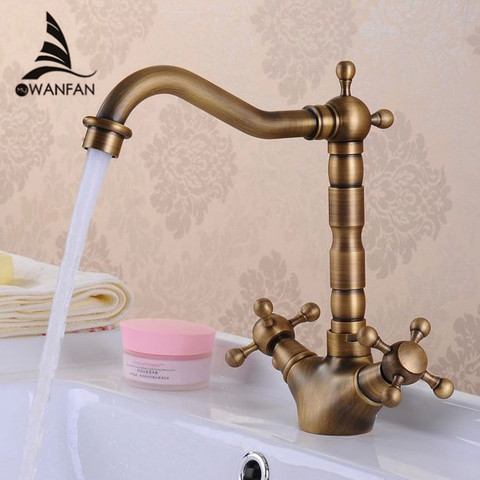 Grifos de lavabo de latón antiguo para baño, grifo de fregadero de 360 grados, caño giratorio doble cruzado, mezclador de cocina y baño, HJ-6711 ► Foto 1/1