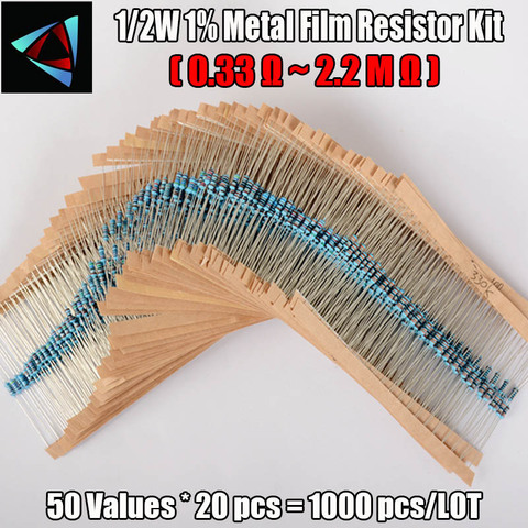 1000 Uds 1/2W 0,5 W 1% 0.33R ~ 2,2 M Ohm 50 valores metal película resistor 1000 Uds Kit surtido de alta calidad ► Foto 1/2