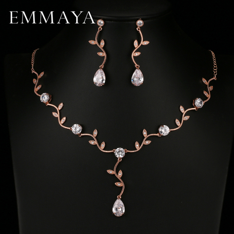 EMMAYA-Conjunto de joyería nupcial para mujer, de cristal de circonita, Color oro rosa, Gargantilla con forma de hoja, collar, pendientes, adorno de boda ► Foto 1/6