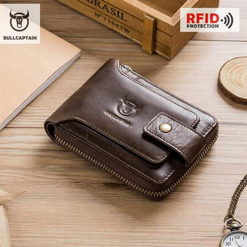 BULLCAPTAIN-cartera de cuero genuino anti RFID para hombre, monedero Retro con cremallera, organizador para tarjetas ► Foto 1/1