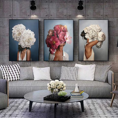 Flores plumas mujer lienzo abstracto pintura impresiones artísticas para colgar en pared cuadro decorativo Pintura Sala decoración del hogar ► Foto 1/5
