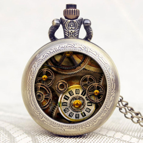 Reloj de bolsillo con colgante de rueda Steampunk para hombre y mujer, reloj de Hora de cuarzo, esfera redonda analógica, collar de cadena, mejores regalos ► Foto 1/6