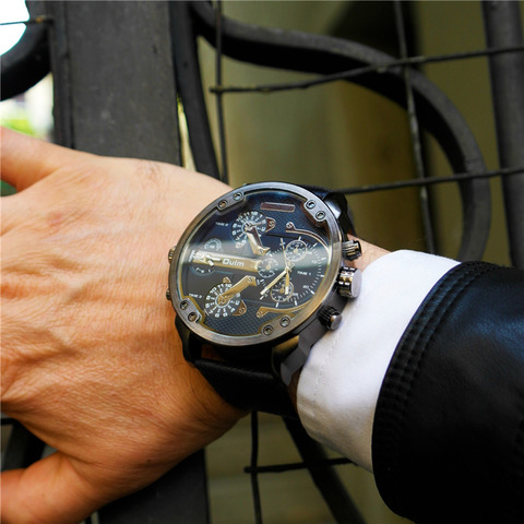 Oulm-Reloj de pulsera de cuarzo para hombre, accesorio de marca de lujo de gran tamaño, dos zonas horarias, ideal para viajes al aire libre ► Foto 1/6