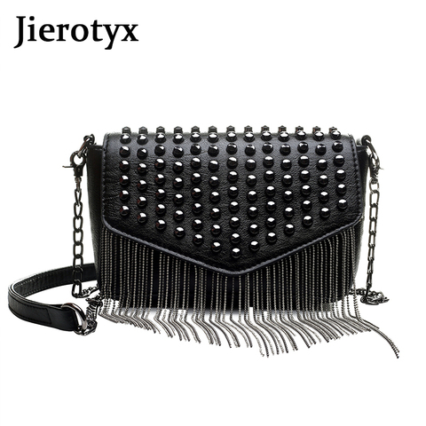 JIEROTYX-Mini bolso de hombro con cadena con diamantes y borlas, cruzado, remaches de cuero negro, bolso femenino ► Foto 1/6