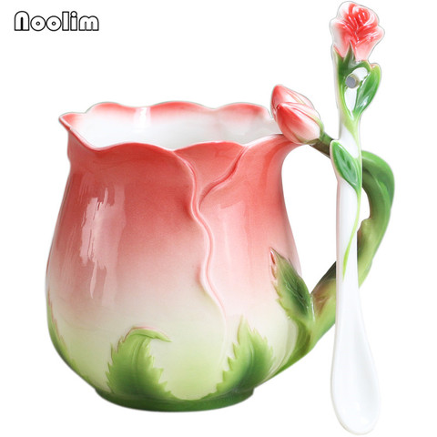 NOOLIM-tazas de café de cerámica esmaltadas de alta calidad, tazas creativas de té de la flor rosa, 4 colores ► Foto 1/5