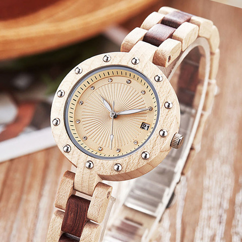 Reloj de pulsera de cuarzo de madera Natural para mujer, pulsera de madera de Rosa y nogal con abalorio, relojes de muñeca pequeña ► Foto 1/6