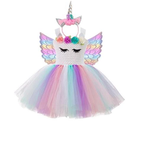 Niñas Arco Iris unicornio tutú vestido con alas de pelo princesa flor chica vestido de fiesta niños Halloween unicornio disfraz ► Foto 1/6