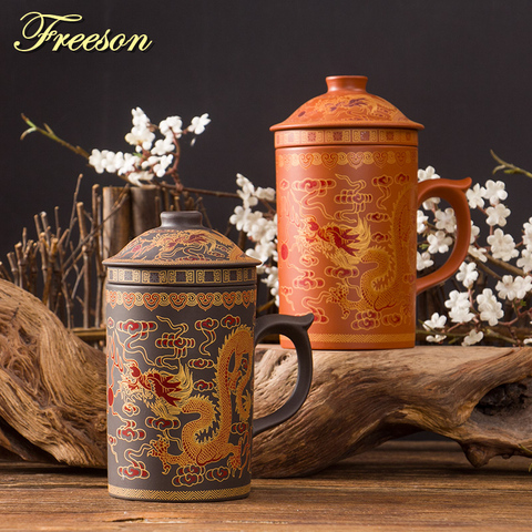 Taza de té de arcilla púrpura de dragón chino tradicional con tapa, colador Retro hecho a mano, Yixing Zisha taza de té, vaso de regalo ► Foto 1/6