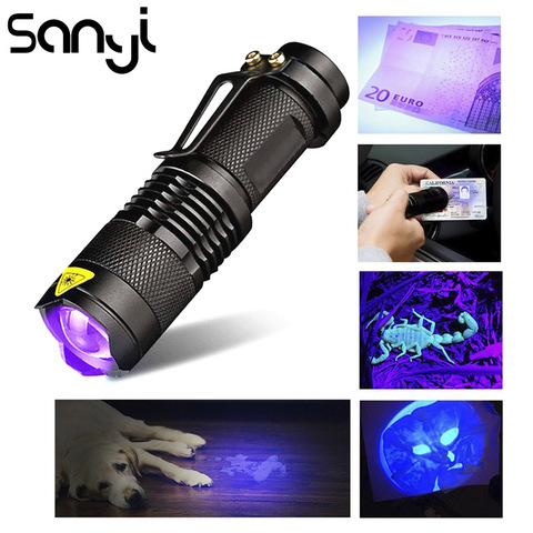 SANYI Mini portátil Zoomable linterna UV linterna de energía por una batería AA 395nm Ultra violeta luz de la antorcha para marcador de Checker de detección ► Foto 1/6