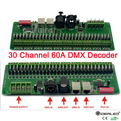 30 canal DMX decodificador con RJ45 y conector XLR 27 canal DMX512 decodificador para DC12V-24V RGB tira controlador 60A dmx dimmer controlador ► Foto 1/1